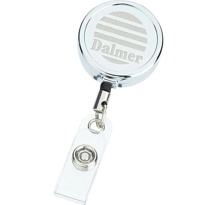 Metal Retractable Badge Holder - Slip Clip - Round - Laser Engraved
