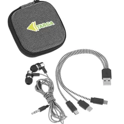 Textured 3-in-1 Charging Cable Set with Earbuds